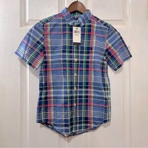 POLO Ralph Lauren Boys Plaid Short Sleeve Button Down Shirt Blue Pink Size 10/12